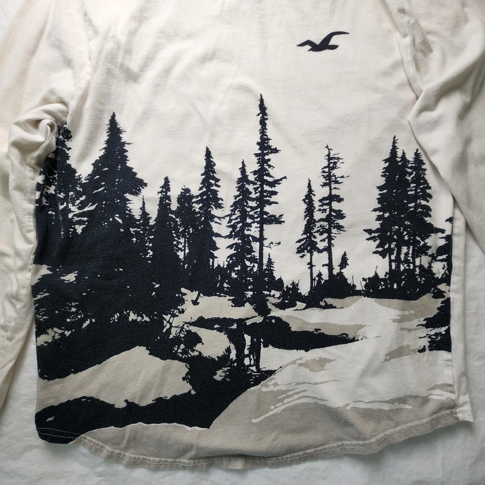Hollister Mens Long Sleeve Graphic Tee Cream Pine Forest Landscape Print Large - Picture 3 of 7